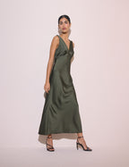 Olive Green V-Neck Satin Joey Midi Dress
