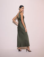 Olive Green V-Neck Satin Joey Midi Dress
