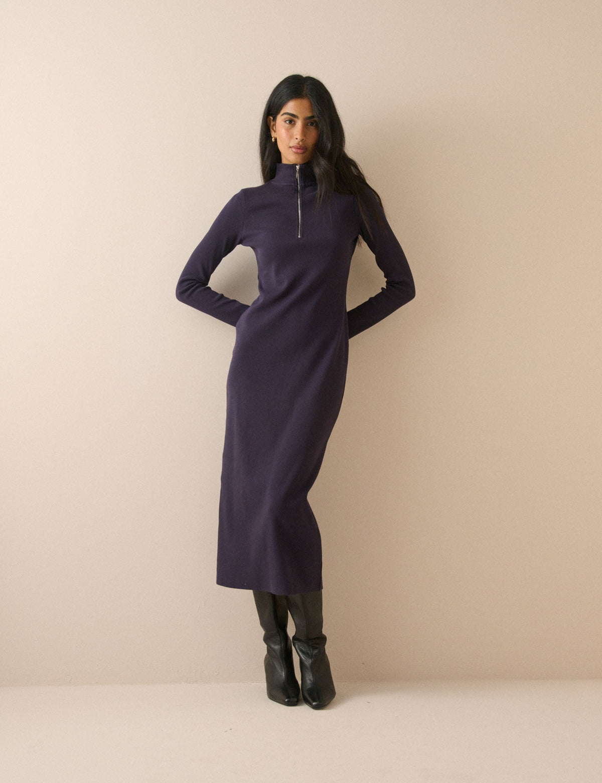 Navy Jersey Funnel Neck Finley Midi Dress