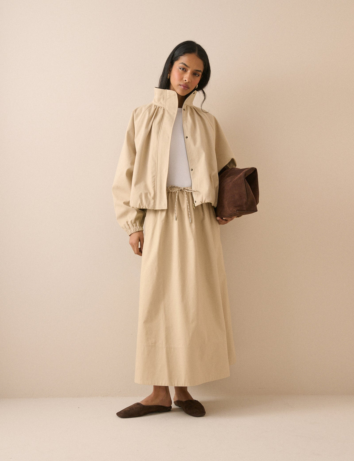 Stone Drawstring Midi Skirt