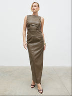 Maeve High Neck Faux Leather Top - Khaki
