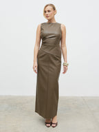 Maeve High Neck Faux Leather Top - Khaki