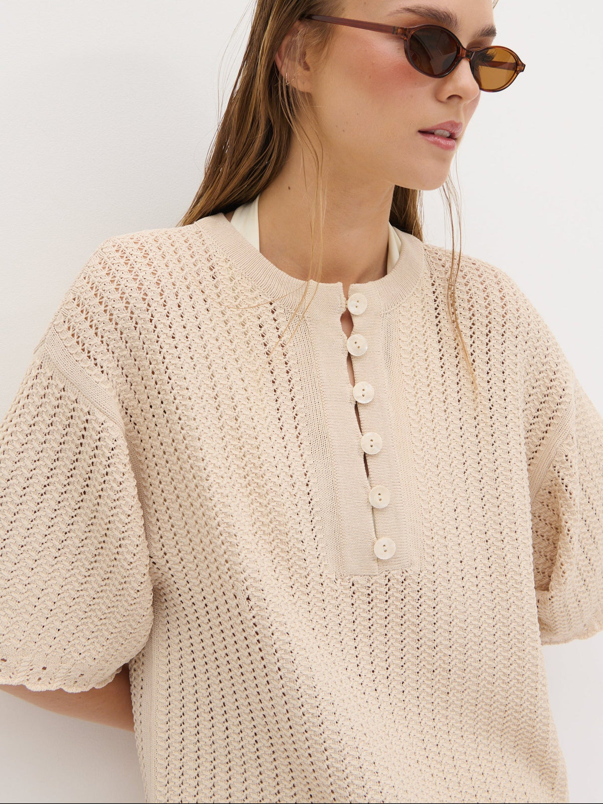Marina Open Work Oversized Knit Top - Cream