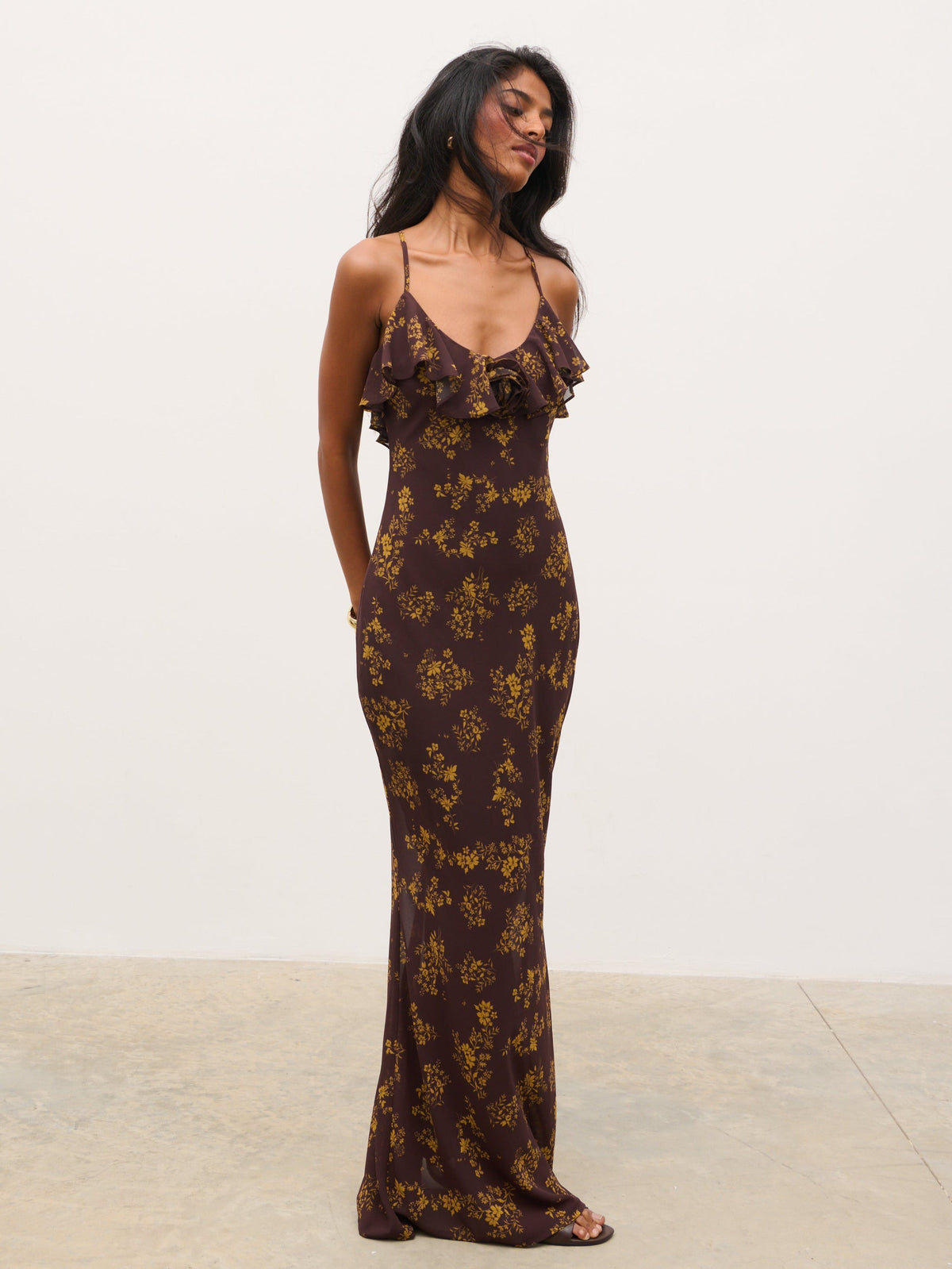 Marlowe Corsage Ruffle Maxi Dress - Brown and Orange Ditsy Floral