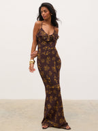 Marlowe Corsage Ruffle Maxi Dress - Brown and Orange Ditsy Floral