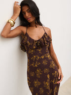 Marlowe Corsage Ruffle Maxi Dress - Brown and Orange Ditsy Floral