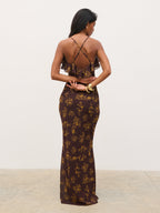 Marlowe Corsage Ruffle Maxi Dress - Brown and Orange Ditsy Floral