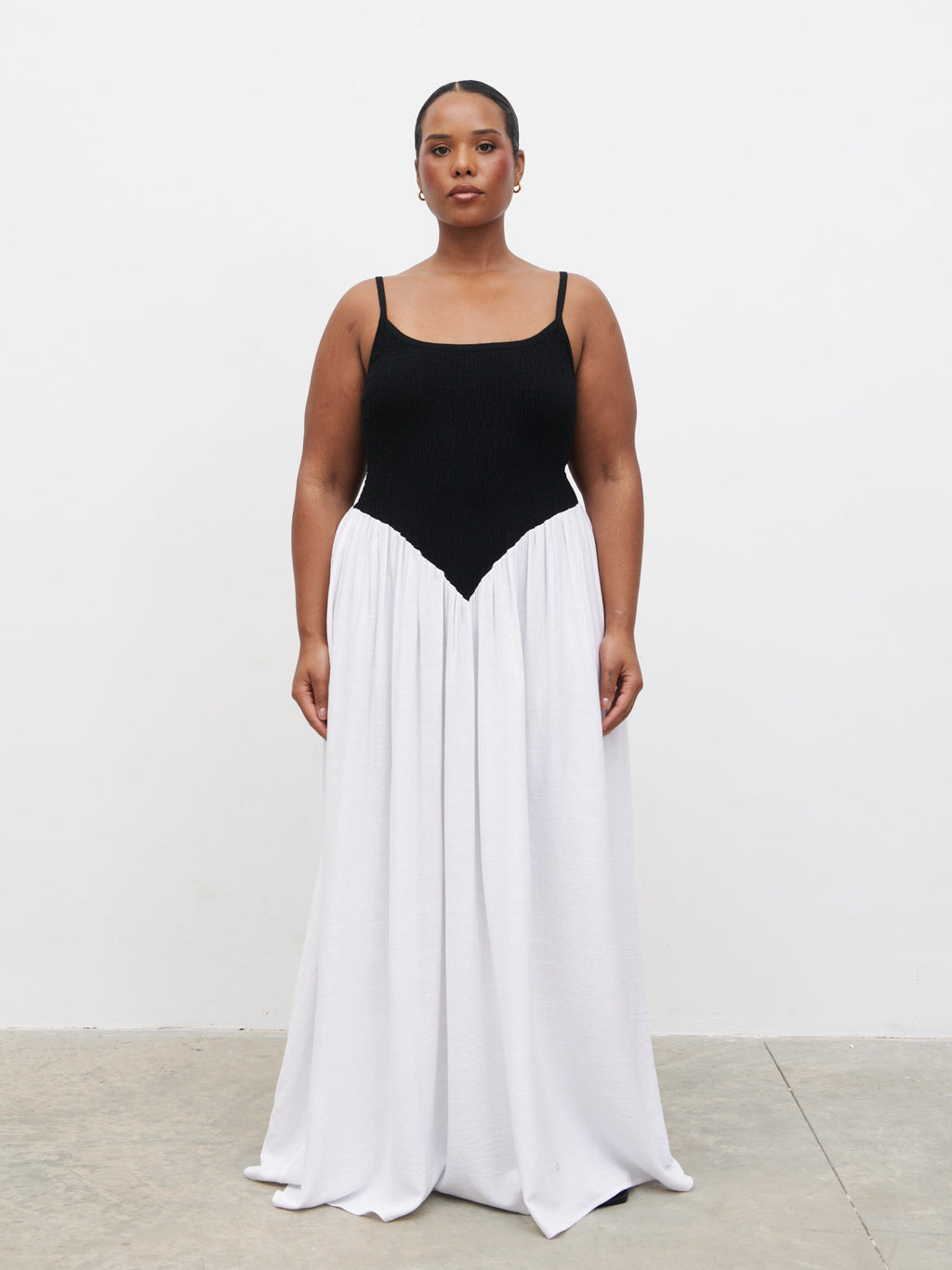 Maude Shirred Contrast Maxi Dress Curve - Black and Cream