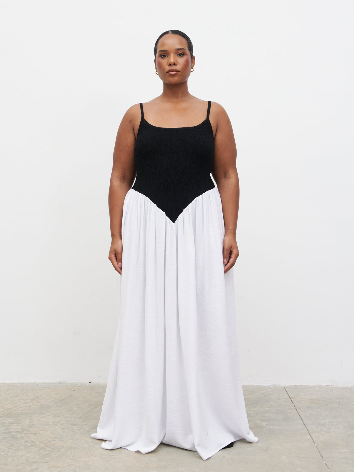 Maude Shirred Contrast Maxi Dress Curve - Black and Cream
