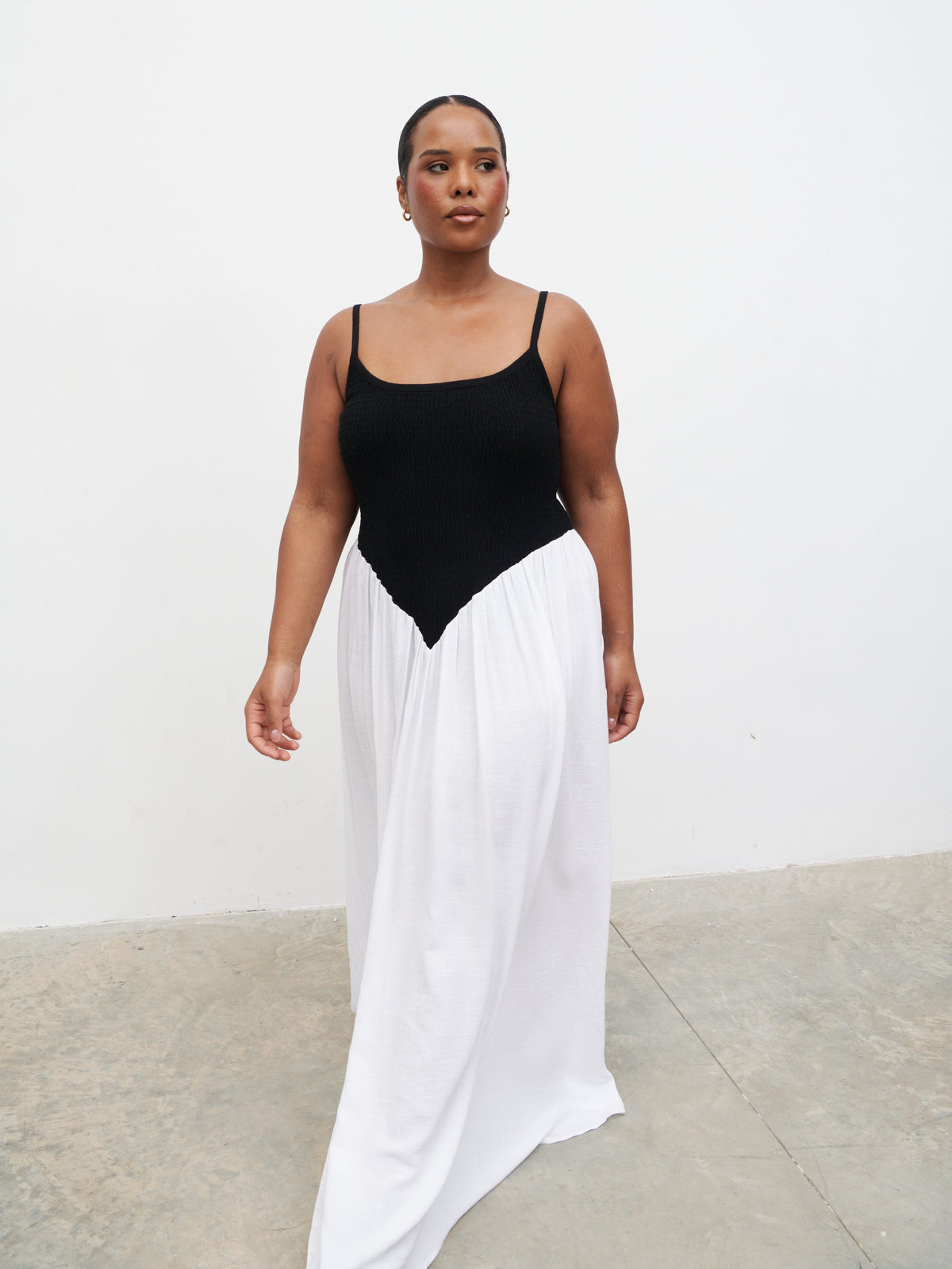Maude Shirred Contrast Maxi Dress Curve - Black and Cream