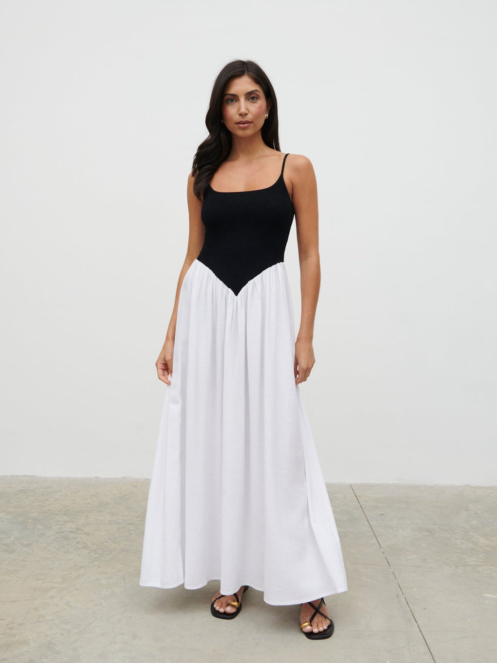 Maude Shirred Contrast Maxi Dress - Black and Cream