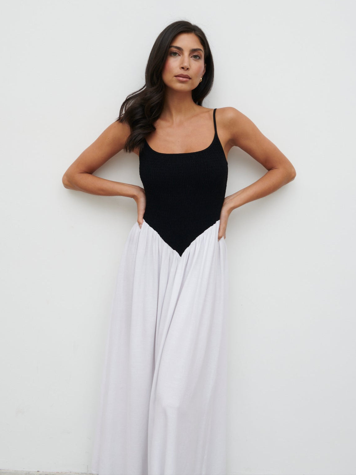 Maude Shirred Contrast Maxi Dress - Black and Cream