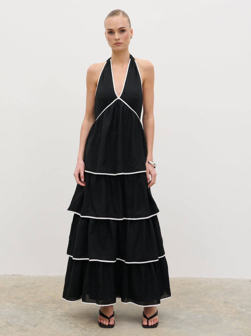 Miri Halterneck Contrast Tiered Midaxi Dress - Black and Cream