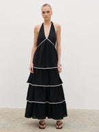Miri Halterneck Contrast Tiered Midaxi Dress - Black and Cream
