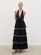 Miri Halterneck Contrast Tiered Midaxi Dress - Black and Cream