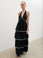 Miri Halterneck Contrast Tiered Midaxi Dress - Black and Cream