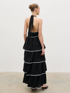 Miri Halterneck Contrast Tiered Midaxi Dress - Black and Cream