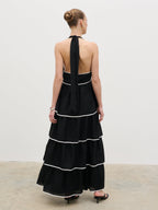 Miri Halterneck Contrast Tiered Midaxi Dress - Black and Cream