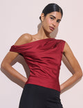 Crimson Red Asymmetric Pleated Satin Top