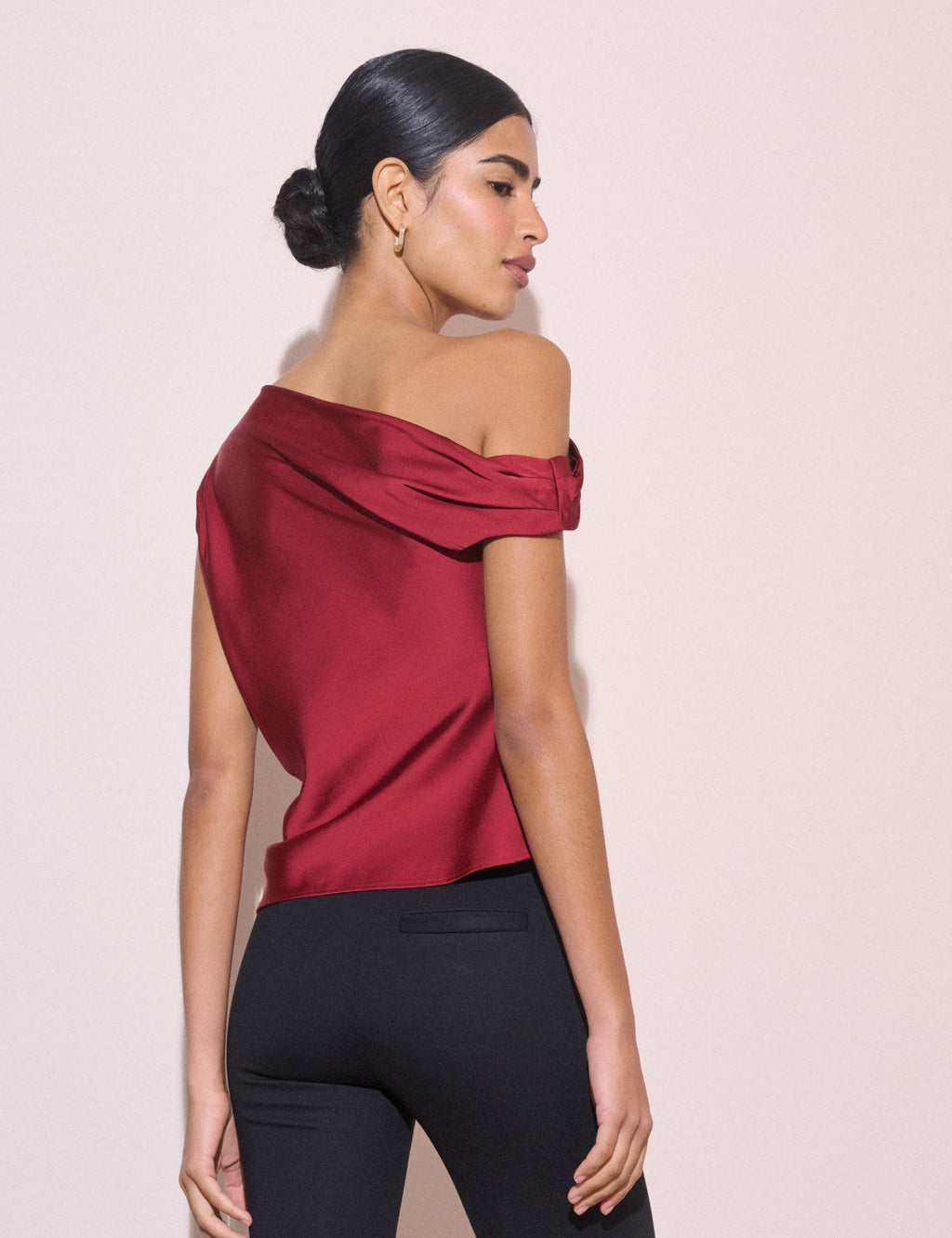 Crimson Red Asymmetric Pleated Satin Top