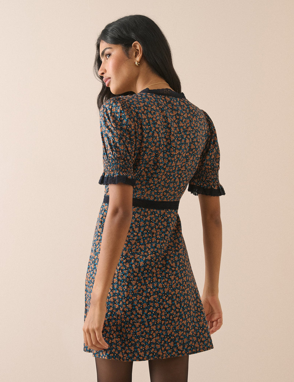 Black and Orange Ditsy Floral Sophia Mini Dress