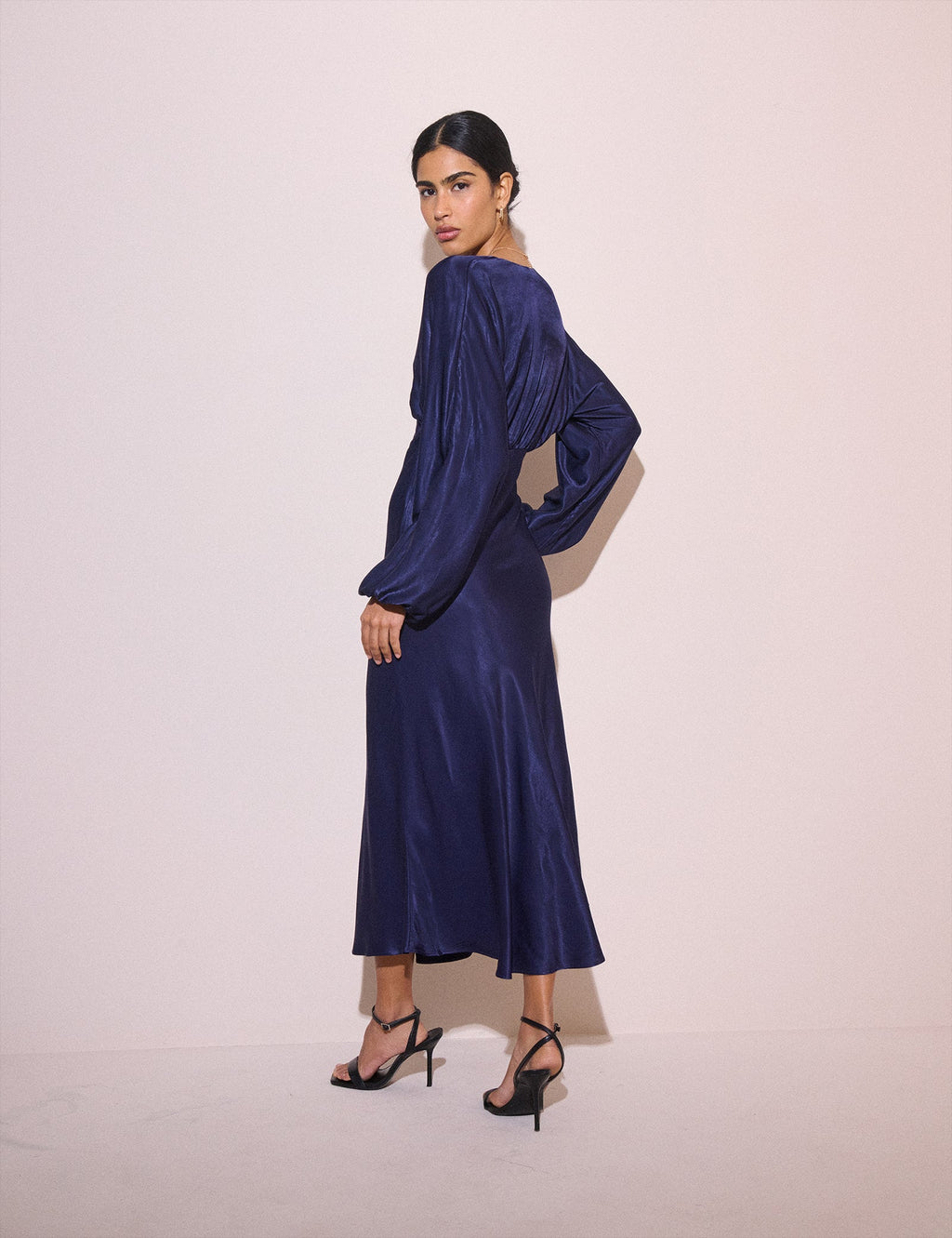 Navy Long Sleeve Satin Allura Midi Dress