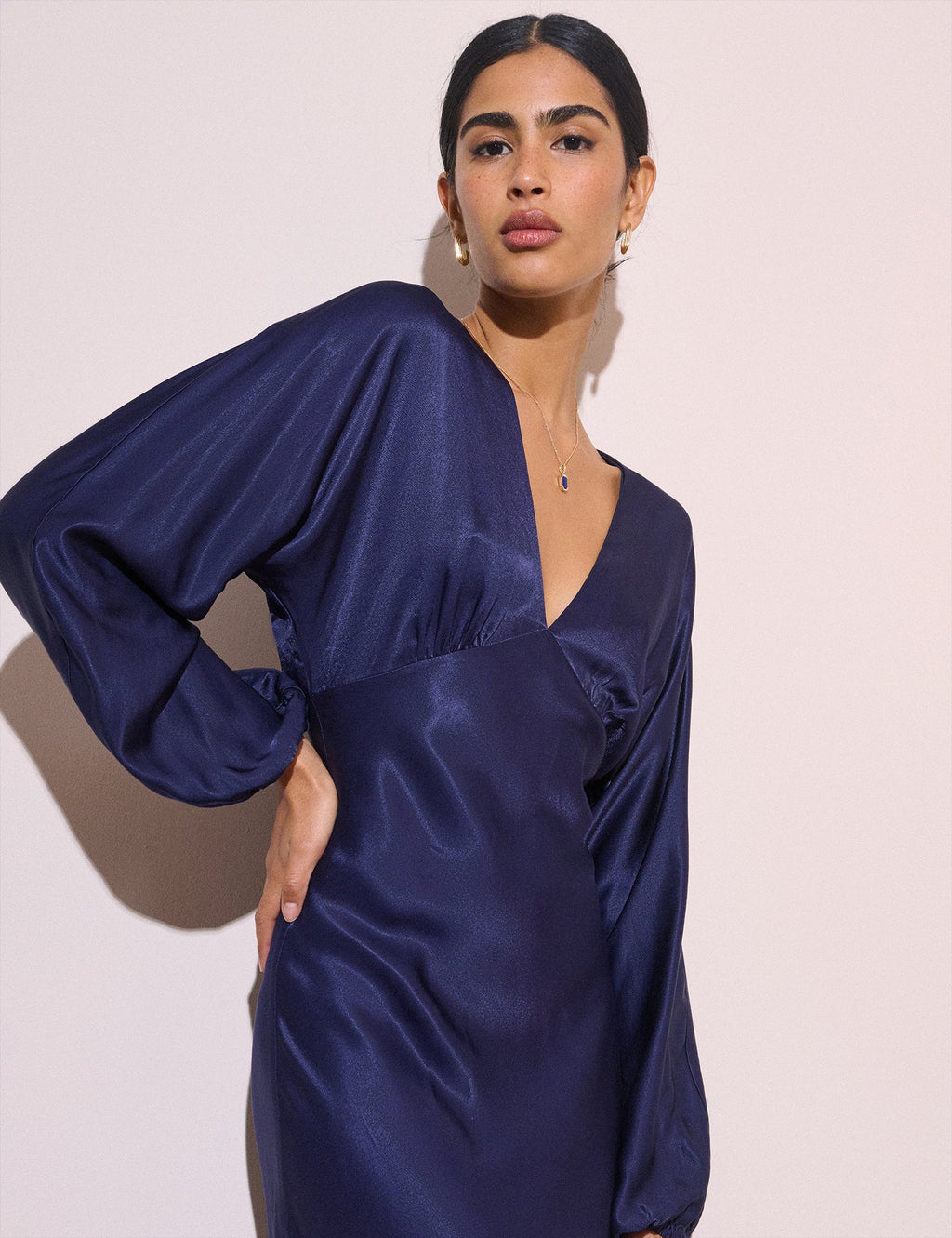 Navy Long Sleeve Satin Allura Midi Dress