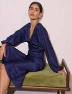Navy Long Sleeve Satin Allura Midi Dress