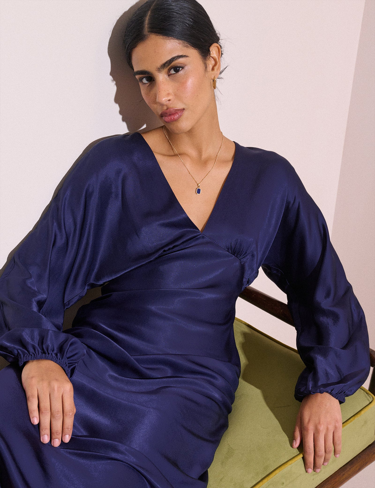 Navy Long Sleeve Satin Allura Midi Dress