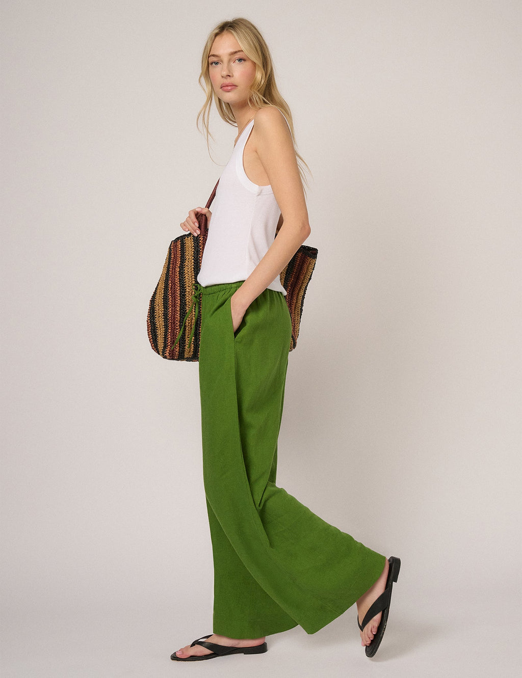Green Linen-Rich Low Waisted Straight Leg Trousers