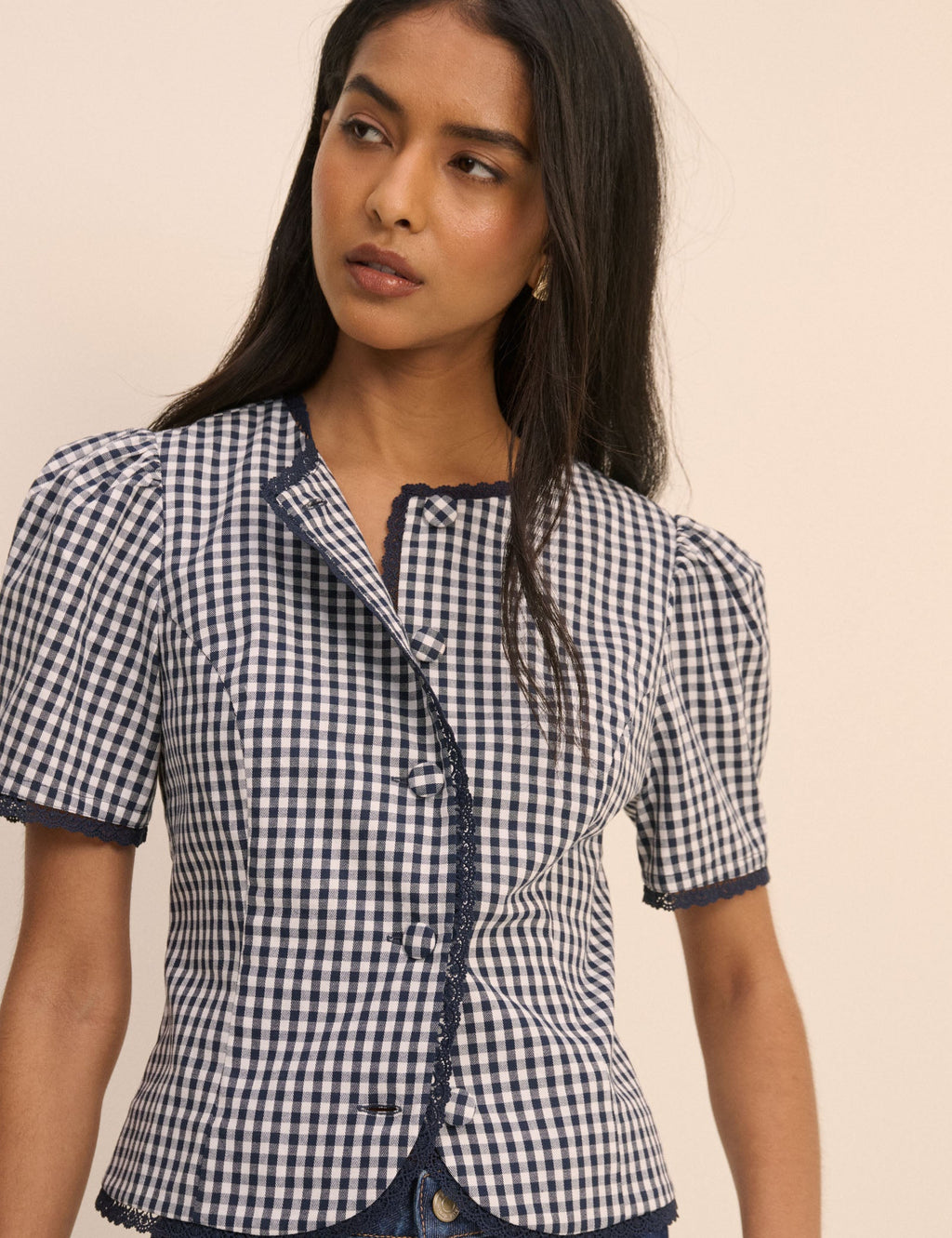 Navy Gingham Puff Sleeve Top