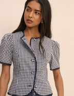 Navy Gingham Puff Sleeve Top