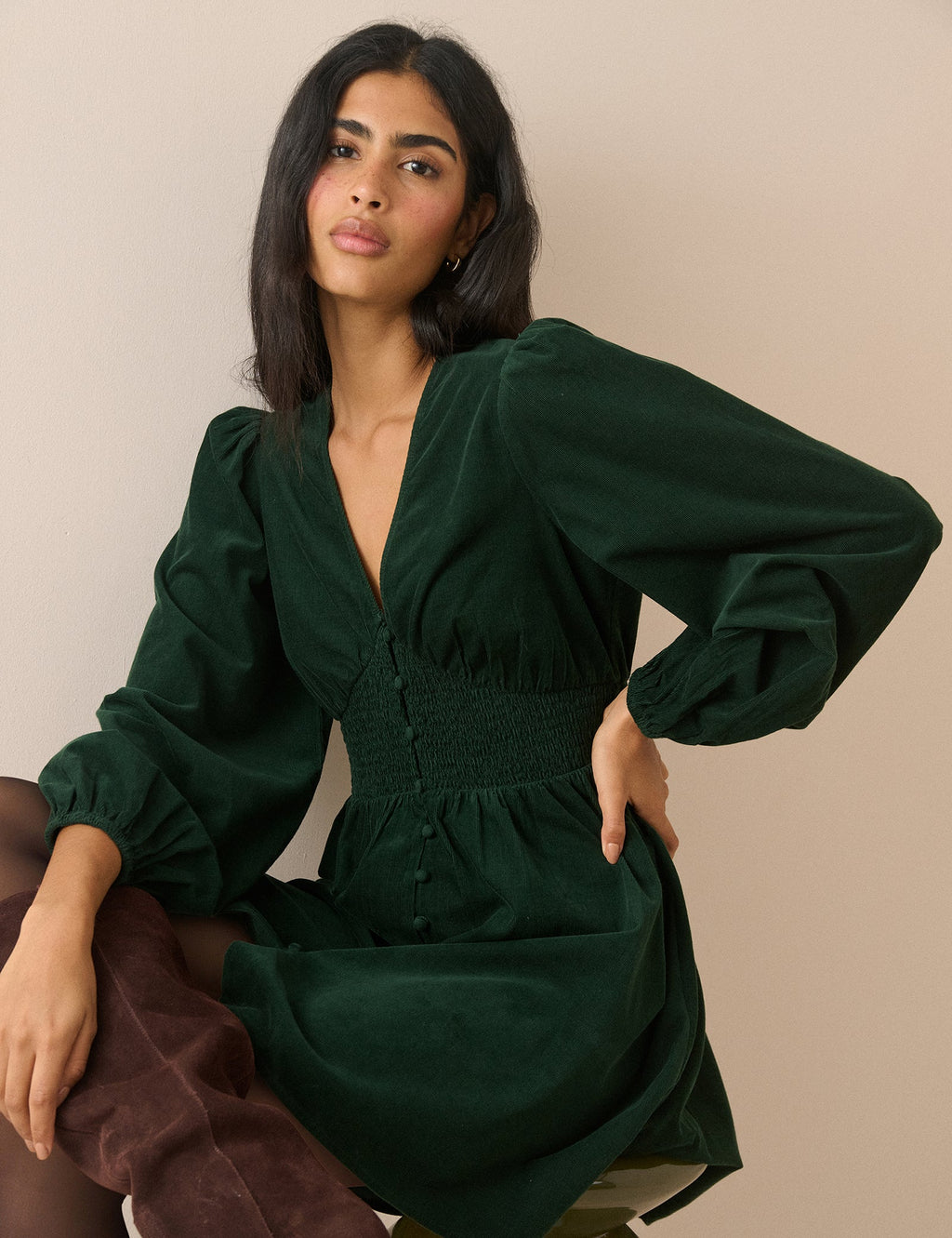 Emerald Green Balloon Sleeve Riley Cord Mini Dress
