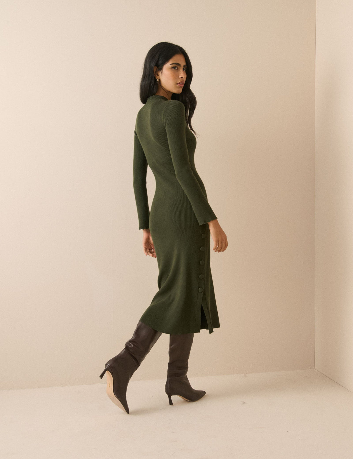 Khaki Ribbed Knitted Midi Dress