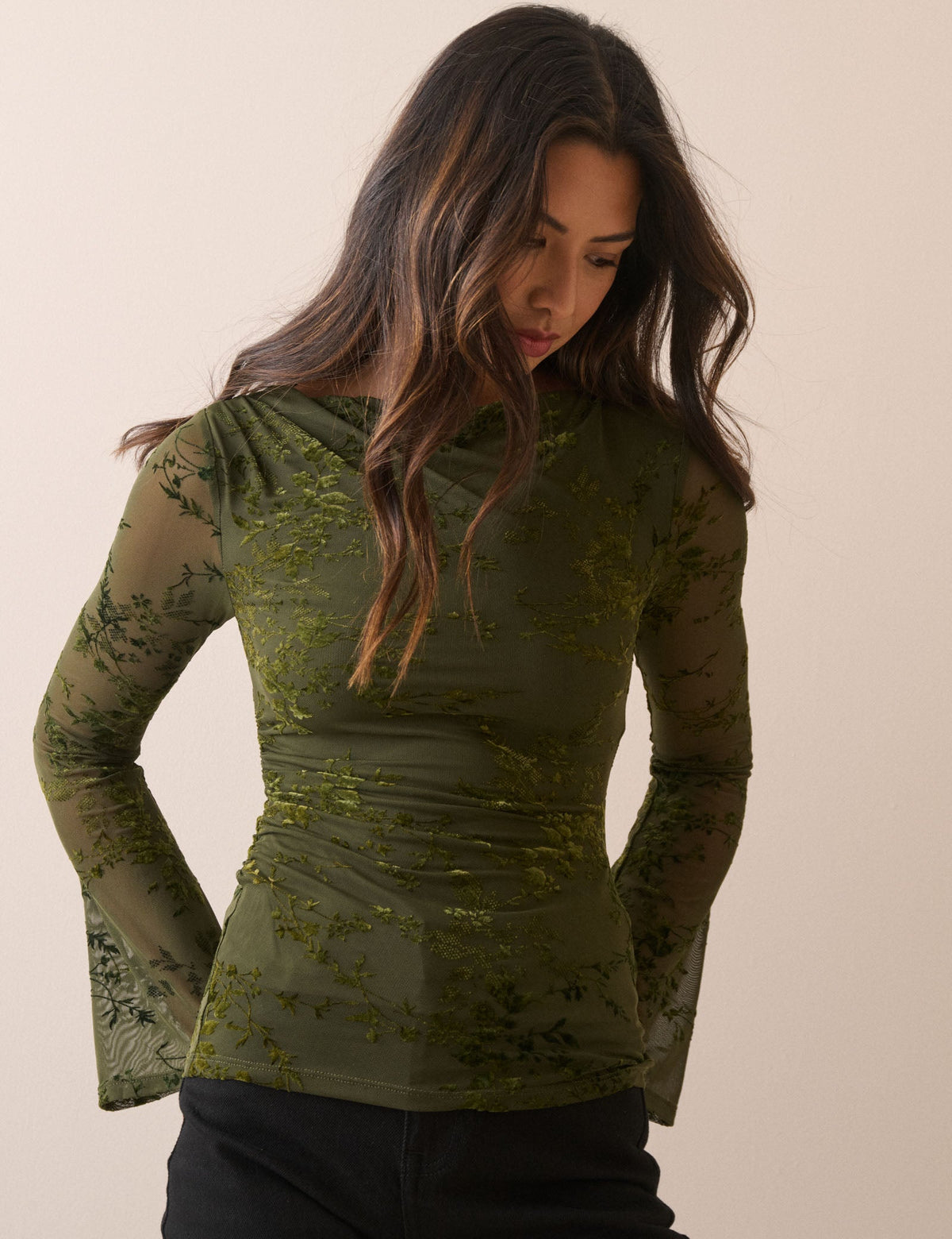 Khaki Floral Mesh Long Sleeve Top