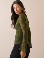 Khaki Floral Mesh Long Sleeve Top