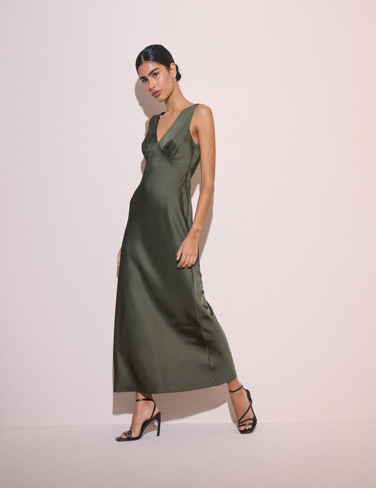Olive Green V-Neck Satin Joey Midi Dress