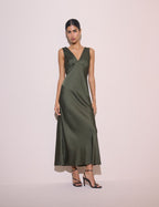 Olive Green V-Neck Satin Joey Midi Dress