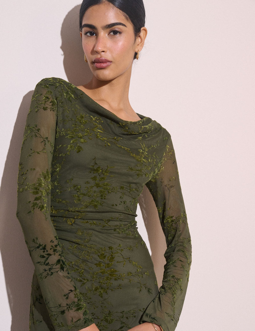 Olive Green Floral Mesh Lana Midi Dress