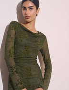 Olive Green Floral Mesh Lana Midi Dress