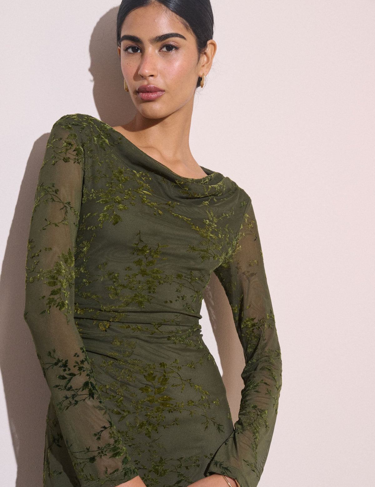 Olive Green Floral Mesh Lana Midi Dress
