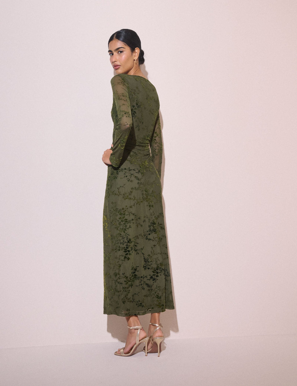 Olive Green Floral Mesh Lana Midi Dress