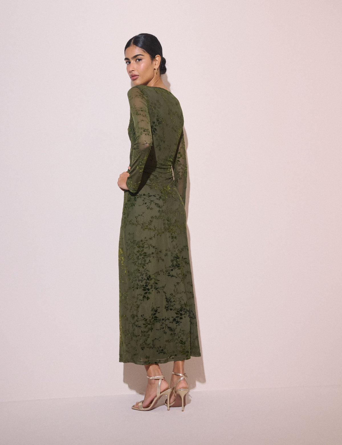 Olive Green Floral Mesh Lana Midi Dress