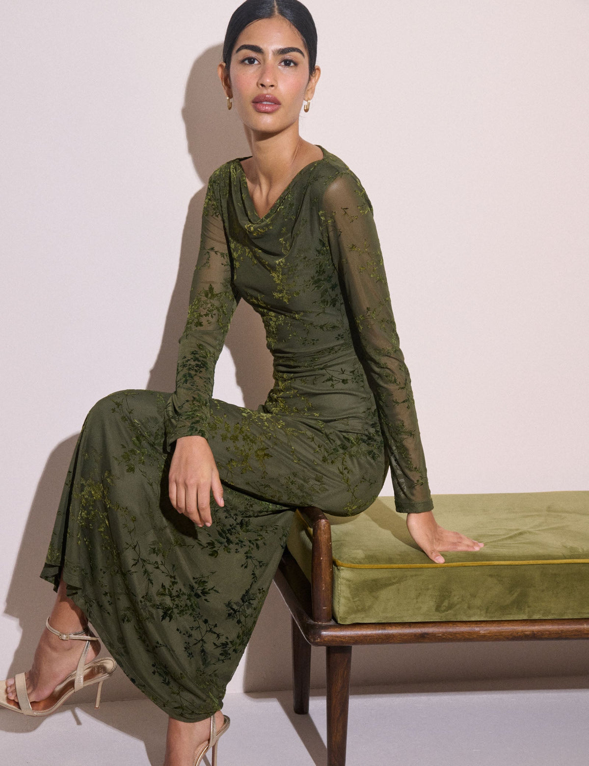 Olive Green Floral Mesh Lana Midi Dress
