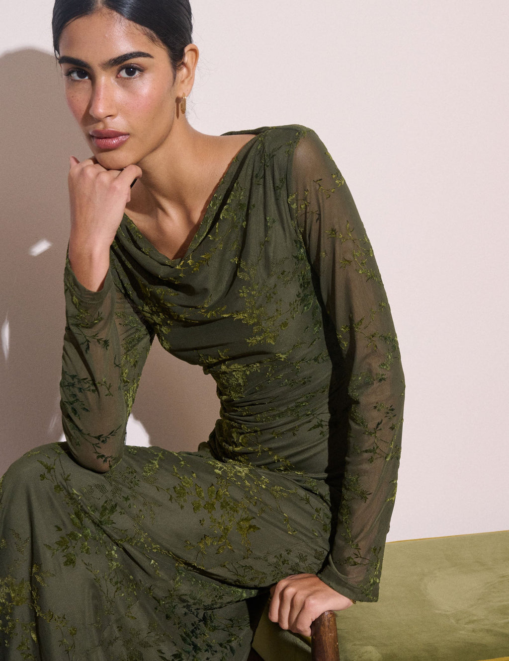 Olive Green Floral Mesh Lana Midi Dress