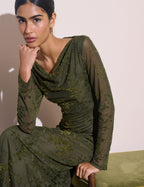 Olive Green Floral Mesh Lana Midi Dress