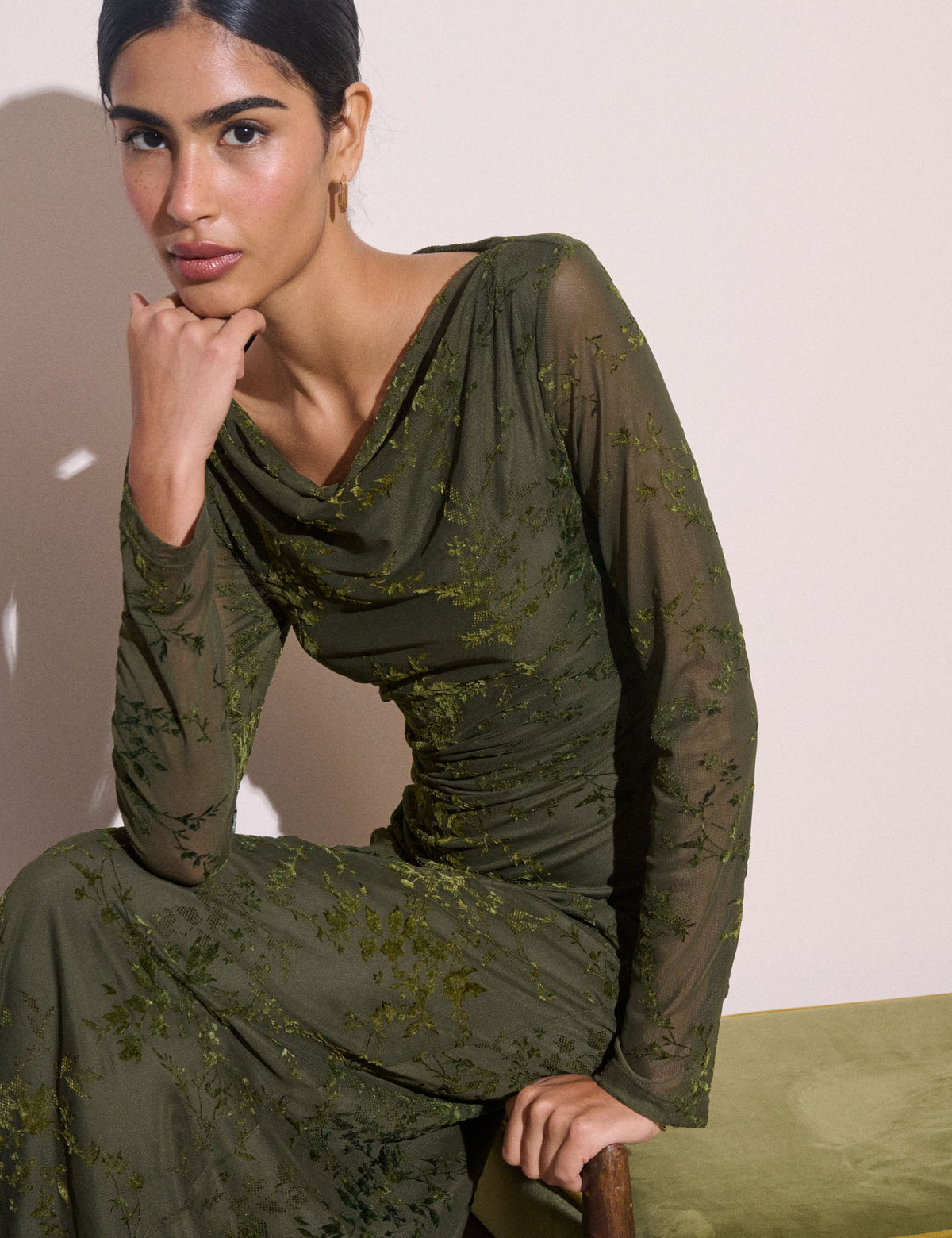 Olive Green Floral Mesh Lana Midi Dress
