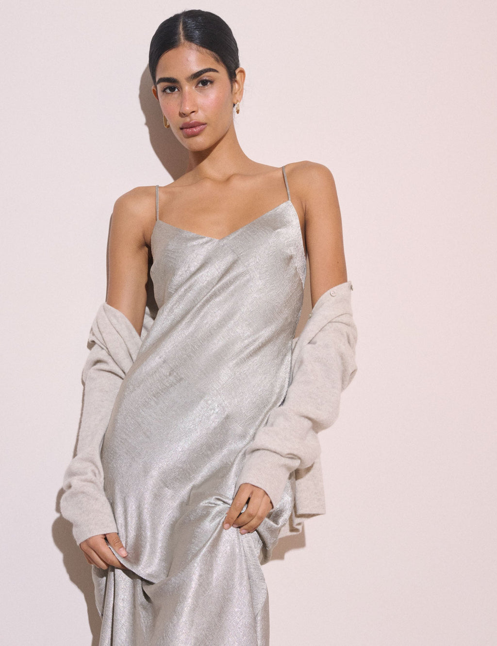 Silver Jacquard Satin Tiffany Midi Slip Dress