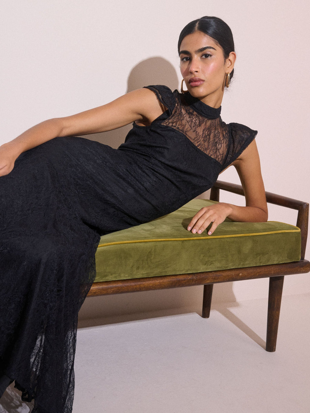 Black Floral Lace Katell Midi Dress