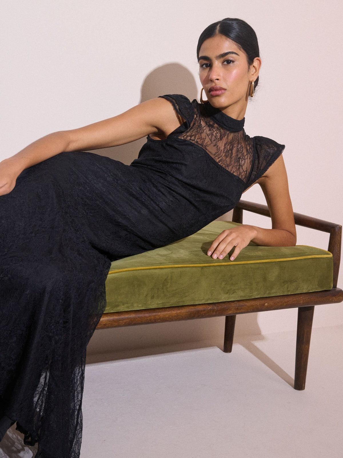 Black Floral Lace Katell Midi Dress